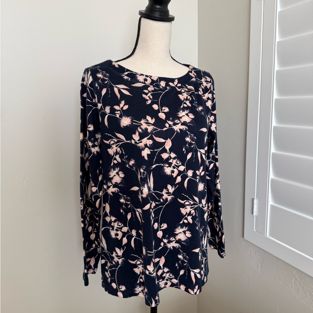 Chico’s Long Sleeve Navy & Pink Floral Top | Cotton | Large